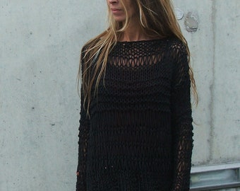 Black sweater, Black cotton thumb hole women's sweater, pullover, looseknit, open weave,