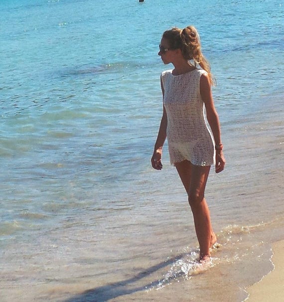 White Cotton Knit Beach Cover-Up: Boho Mini Dress