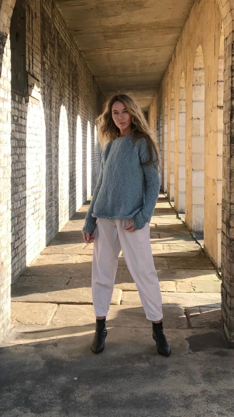 Handknit Alpaca Slouchy Sweater: Seafoam Blue Oversized Pullover image 2