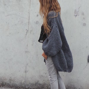 Over sized cardigan, long cardigan coat sweater, Gray sweater, gray slouchy knit sweater, puff sleeve, long sweater cardigan, sustainable image 4