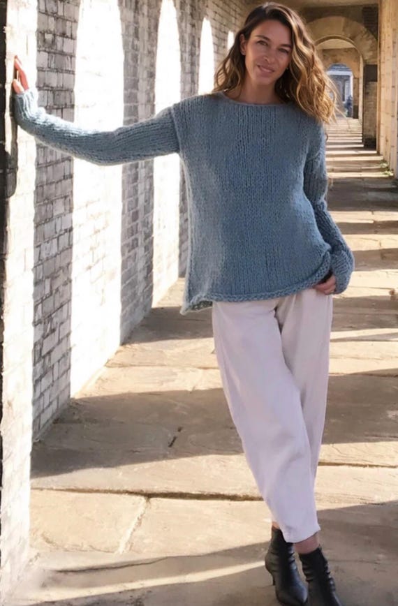 Handknit Alpaca Slouchy Sweater: Seafoam Blue Oversized Pullover