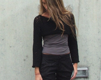 black cropped sweater,  Chunky knit, Alpaca mix shrug/crop sweater