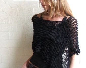 poncho in maglia nera/poncho estivo/Top in cotone/trasparente/maglia estiva/vegano/abbigliamento