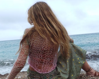 pink loose knit sweater, open weave beach cover up sweater. boho sweater