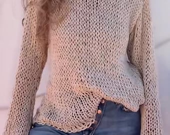 Linen Sweater: Slouchy light Beige ecru Summer Top, Wide Sleeves handknit