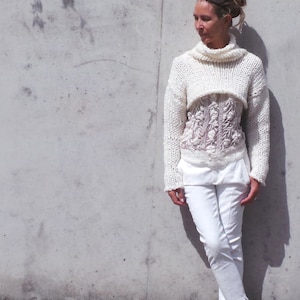 Ivory White Chunky Sweater, Cropped Sweater, Shrug, Slim Fit