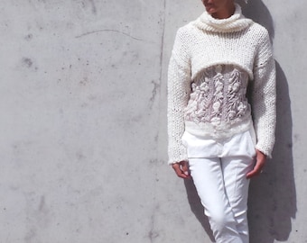 Ivory white chunky sweater, cropped sweater, shrug, slim fit top,  iLE AiYE knitwear