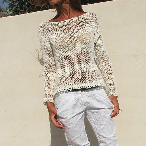White Sweater White Cotton Linen Mix Loose Knit Stripe Sweater - Etsy