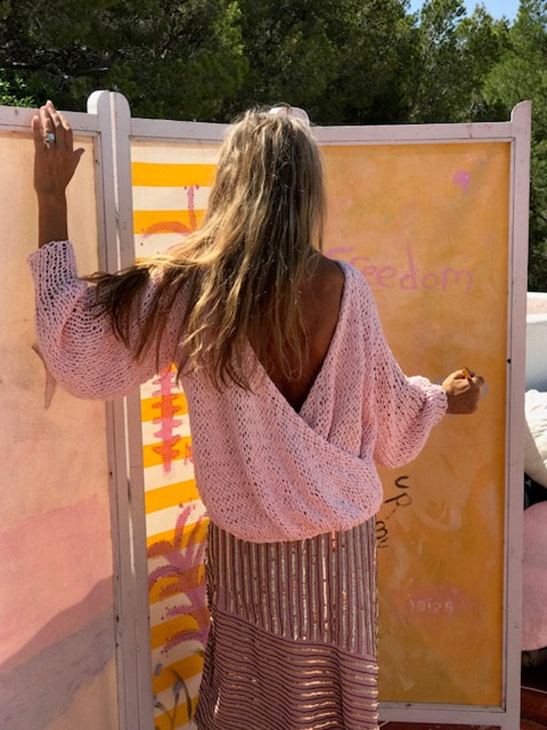 suéter trasero de algodón rosa v de mujer slouchy backless pullover imagen 1