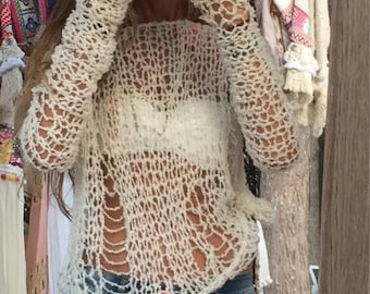 Ivory Alpaca Knit Sweater: Sheer Boho Beach Cover-Up