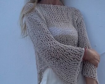 Light Beige crop top, beach wear, slouchy sweater, lightweight loose knit, dance, yoga. ballet, cotton top