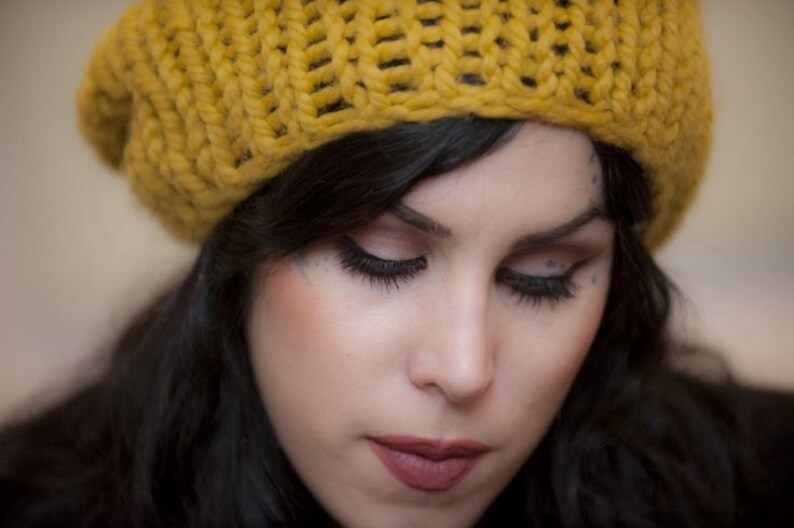 Yellow chunky knit hat Mustard Yellow beanie hand knit vegan slouch golden Yellow