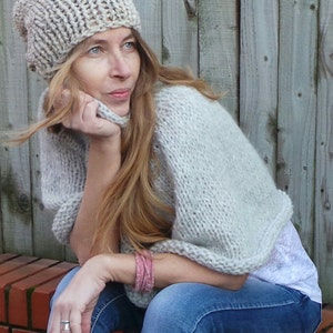 beige hat, flecked chunky beanie, hand knit, chunky slouchy beanie, READY TO SHIP image 1