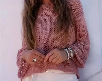 Pink alpaca sweater, transitional airy lightweight oversized relaxed fit summer knit