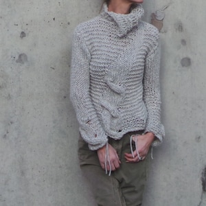 alpaca sweater, Silver gray Cable knit jumper, pullover polo-neck with cable detail Hand knit image 1