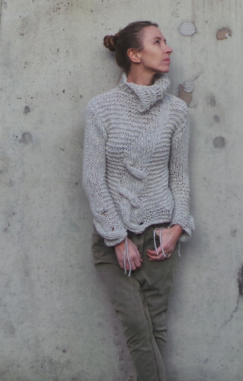 alpaca sweater, Silver gray Cable knit jumper, pullover polo-neck with cable detail Hand knit image 1
