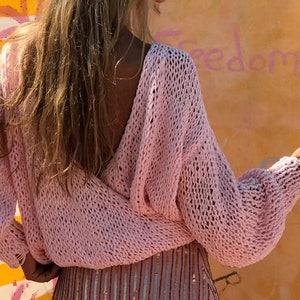 suéter trasero de algodón rosa v de mujer slouchy backless pullover imagen 2