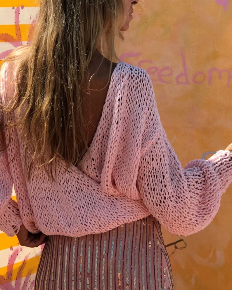 suéter trasero de algodón rosa v de mujer slouchy backless pullover imagen 2