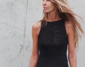 Organic Knit Black Cotton Tank Top: Cropped Stepped Hem Vest