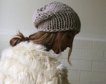 beige hat/ fawn/chunky beanie/ chunky slouchy handknit hat/ Autumn vegan friendly/ READY TO SHIP