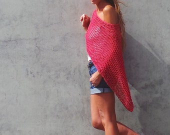 Red cotton poncho. loose knit vegan cover up, conscious fashion, hand knit