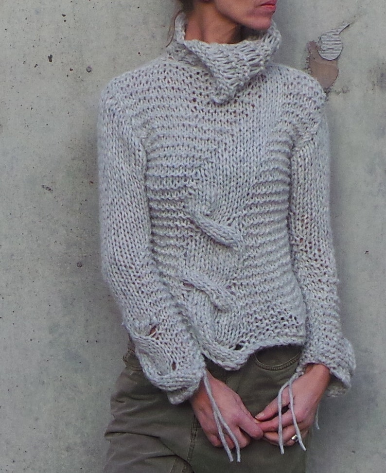 alpaca sweater, Silver gray Cable knit jumper, pullover polo-neck with cable detail Hand knit image 2