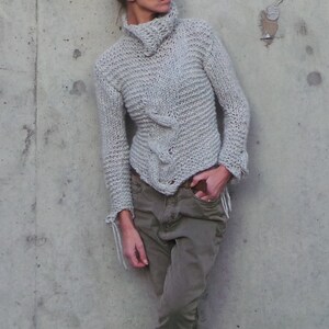 alpaca sweater, Silver gray Cable knit jumper, pullover polo-neck with cable detail Hand knit image 5