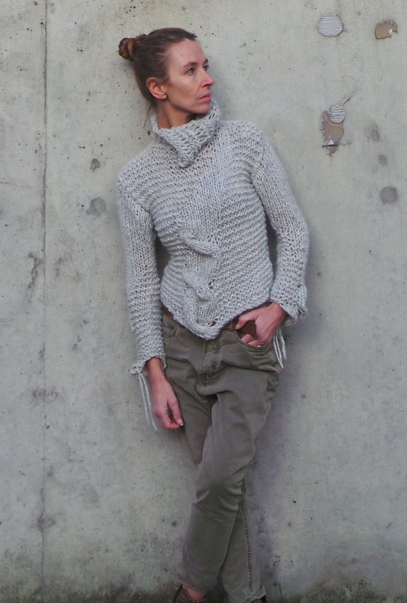 alpaca sweater, Silver gray Cable knit jumper, pullover polo-neck with cable detail Hand knit image 5