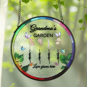 Personalized Grandma&#39;s Garden Stained Glass Suncatcher, Birth Flower Window Hanging Suncatcher,Mothers Day Gifts for Grandma, Nana