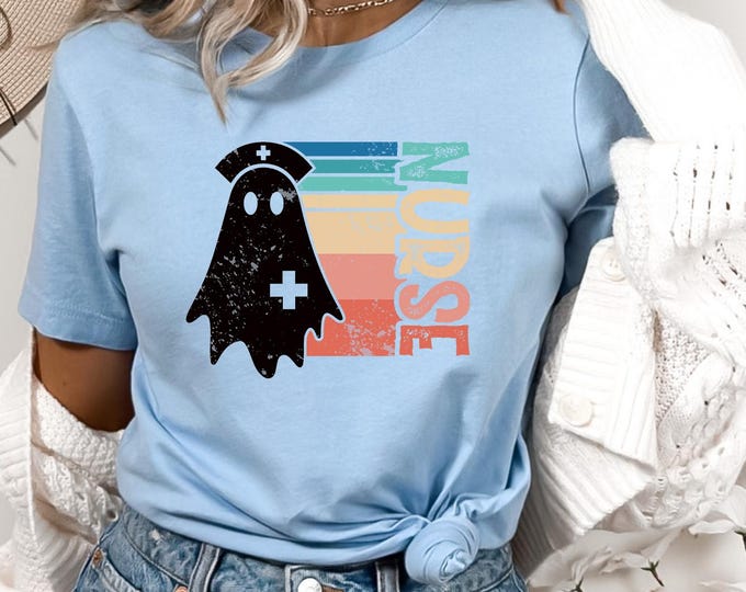 Funny Nurse Halloween Shirt, Retro Ghost Nurse Tee for Women, Cute Spooky Nurse Gift Idea, RN Halloween Shirt, Boo Boo Crew T-Shirt