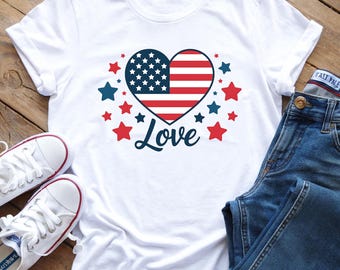 Patriotic Heart Love Shirt, 4th of July T Shirt, American Flag Heart Tee, Independence Day Shirt, USA Love Graphic Top