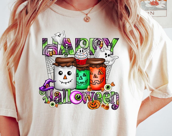 Happy Halloween Shirt - Cute Ghosts & Pumpkin Jars Design - Women's Fall T-Shirt - Spooky Season Graphic Tee - Halloween Party Outfit