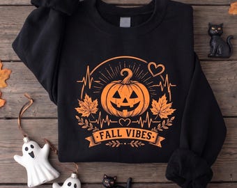 Fall Vibes Pumpkin Sweatshirt, Halloween Pumpkin Heartbeat Crewneck, Cute Autumn Leaves Sweater, Ghost and Witch Season Apparel