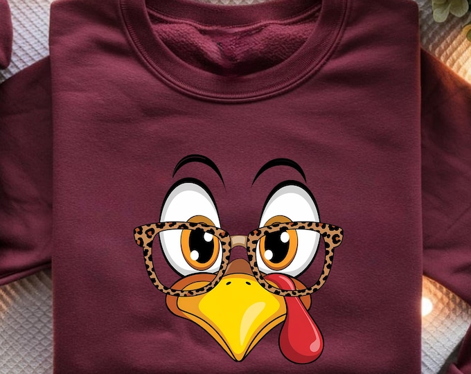 Turkey Face Leopard Glasses Sweatshirt, Turkey Thanksgiving Gift, Mama Thankful Gift, Turkey Dinner, Thanksgiving Party, Grandma Gifts