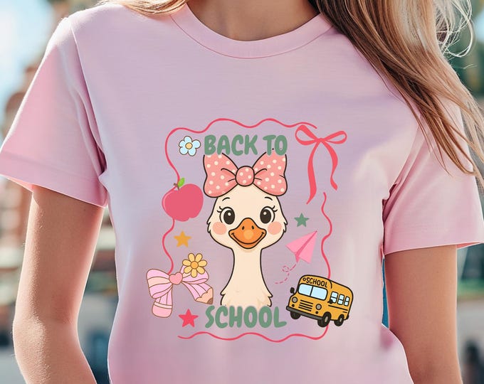 Cute Goose Back to School Shirt, Coquette Duck First Day Tee for Girls, Kawaii Pink Bow School Shirt, Preschool Kindergarten School Bus Tee