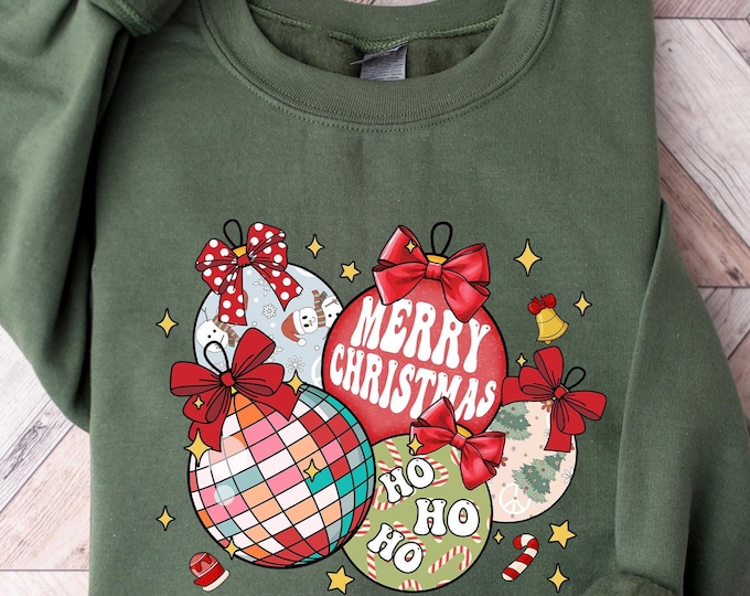 Retro Christmas Ornaments Sweatshirt, Christmas Coquette Bow Sweatshirt, Merry Christmas Shirt, Ho Ho Ho Shirt, Snowman Christmas Sweatshirt