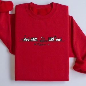 Sweat-shirt brodé chat - jolie chemise minou minimaliste - T-shirt ras du cou rouge douillet - cadeau pour amoureux des chats, pull broderie animal esthétique