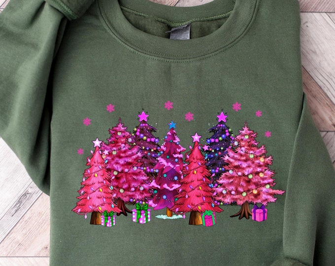 Pink Tree Christmas Sweater, Christmas Sweater, Christmas Crewneck, Christmas Tree Sweatshirt, Holiday Sweaters for Women, Winter Sweatshirt