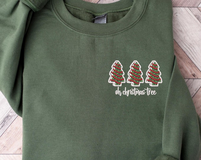 Oh Christmas Tree Embroidery Pocket Size Sweatshirt, Christmas Tree Cake Embroidery Shirt, Holiday Embroidery Sweatshirt, Christmas Gift Top