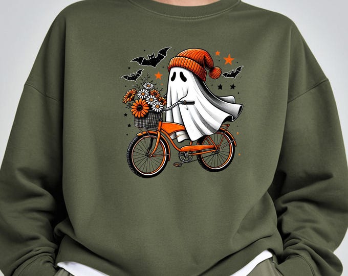 Ghost Riding Bike Shirt, Cute Halloween Ghost Shirt, Cyclist Halloween Shirt, Halloween Party Shirt, Cute Ghost Sweatshirt, Ghost Biking Tee