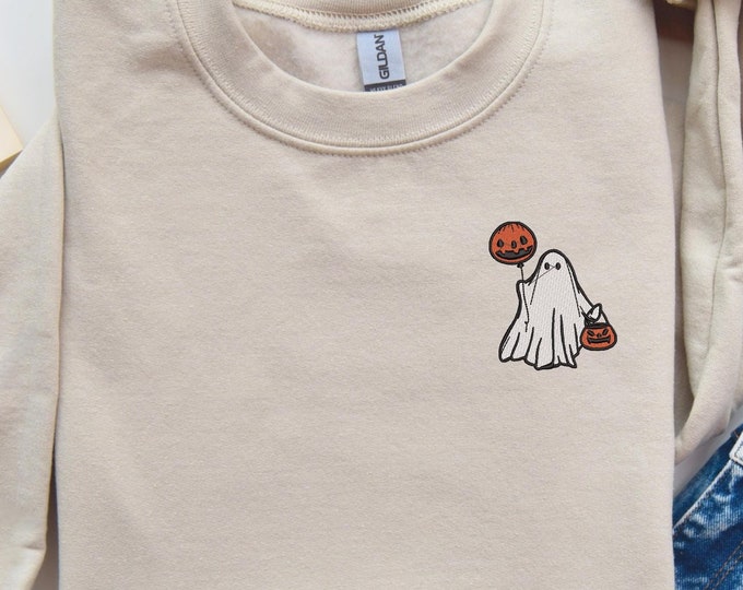 Ghost Embroidery Halloween  T-Shirt - Pocket Size Halloween Shirt, Unisex Cozy Fall Top, Cute Spooky Graphic Tee, Halloween Gift Sweatshirt
