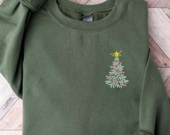 Christmas Tree Embroidered Sweatshirt, Christmas Tree Pocket Sweatshirt, Embroidered Christmas Sweatshirt, Christmas Embroidery Sweatshirt