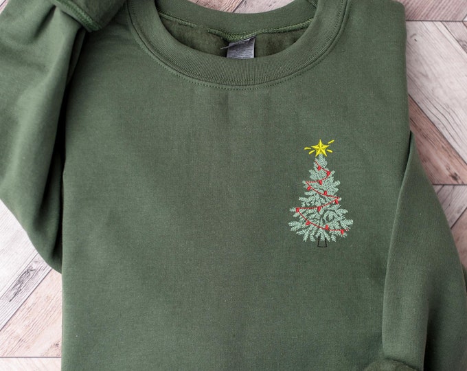 Christmas Tree Embroidered Sweatshirt, Christmas Tree Pocket Sweatshirt, Embroidered Christmas Sweatshirt, Christmas Embroidery Sweatshirt