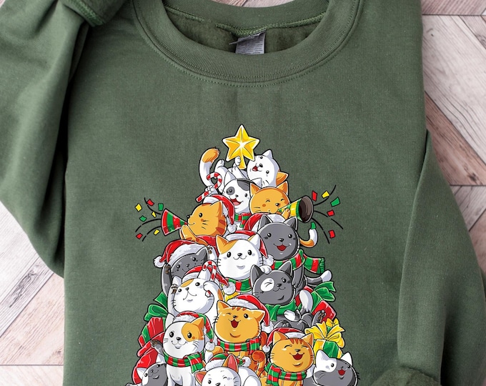 Christmas Cat Tree Sweatshirt, Cute Kitty Stack Holiday Sweater, Christmas Cat Shirt, Festive Pet Lovers Gift Hoodie, Cozy Winter Sweatshirt