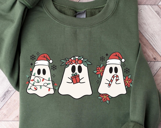 Christmas Ghost Sweatshirt, Christmas Ghost Shirt, Festive Holiday Shirt with Santa Hat and Lights, Christmas Crossover Hoodie Ghost T-shirt