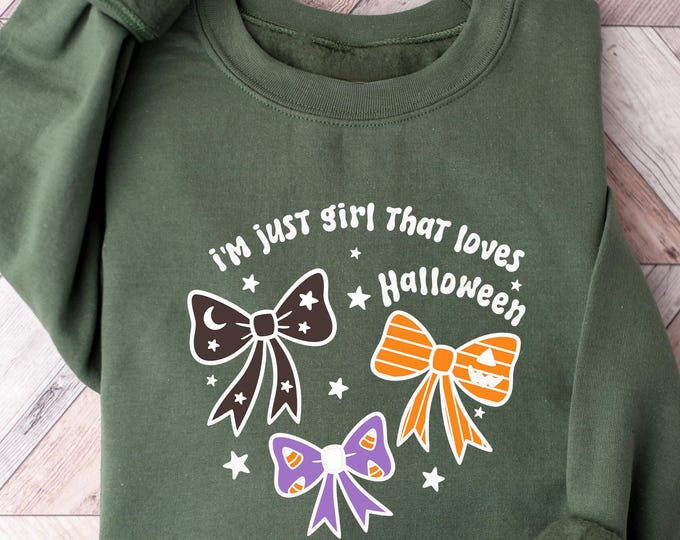 Cute Halloween Bow Sweatshirt, Girly Spooky Season Pullover, Fall Candy Corn Shirt, Fun Halloween Lover Graphic Top, Halloween Bow Sweater
