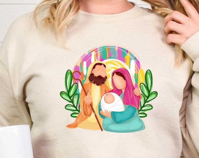 Colorful Christmas Nativity Sweatshirt, Jesus Christmas Sweatshirt, Baby Jesus Shirt, Oh Come Let Us Adore Him, Christian Christmas Sweater