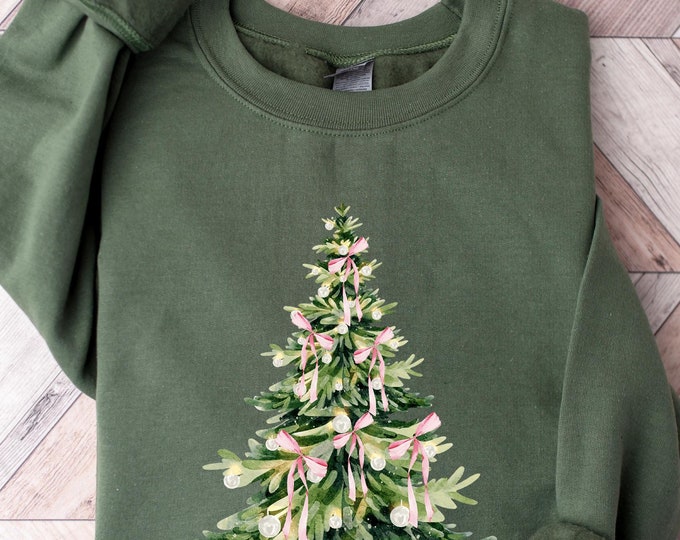Coquette Christmas Tree Sweatshirt, Christmas Tree Shirt, Trendy Pink Christmas Holiday Shirt, Girly Christmas Sweatshirt, Tree Xmas T-shirt