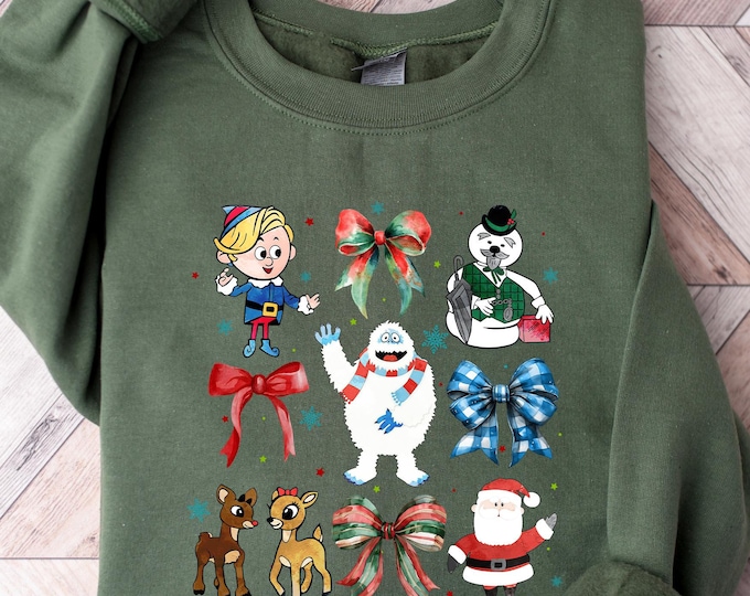 Retro Christmas Cartoon Friends Sweatshirt, Coquette Christmas Sweatshirt, Snow Holiday Shirt, Cute Cartoon Characters Shirt, Winter Shirt