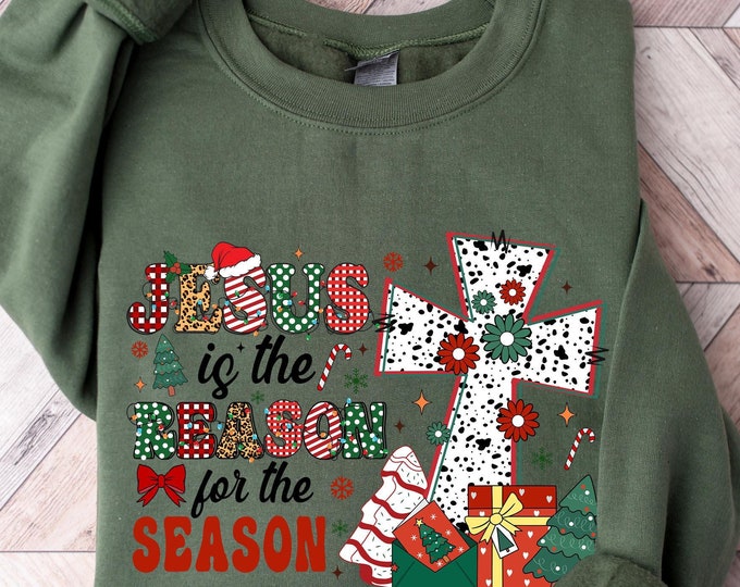 Jesus is the Reason for the Season Christmas Sweatshirt - Cozy Holiday Shirt - Santa Hat and Cross Design Hoodie - Perfect Xmas Long Sleeve